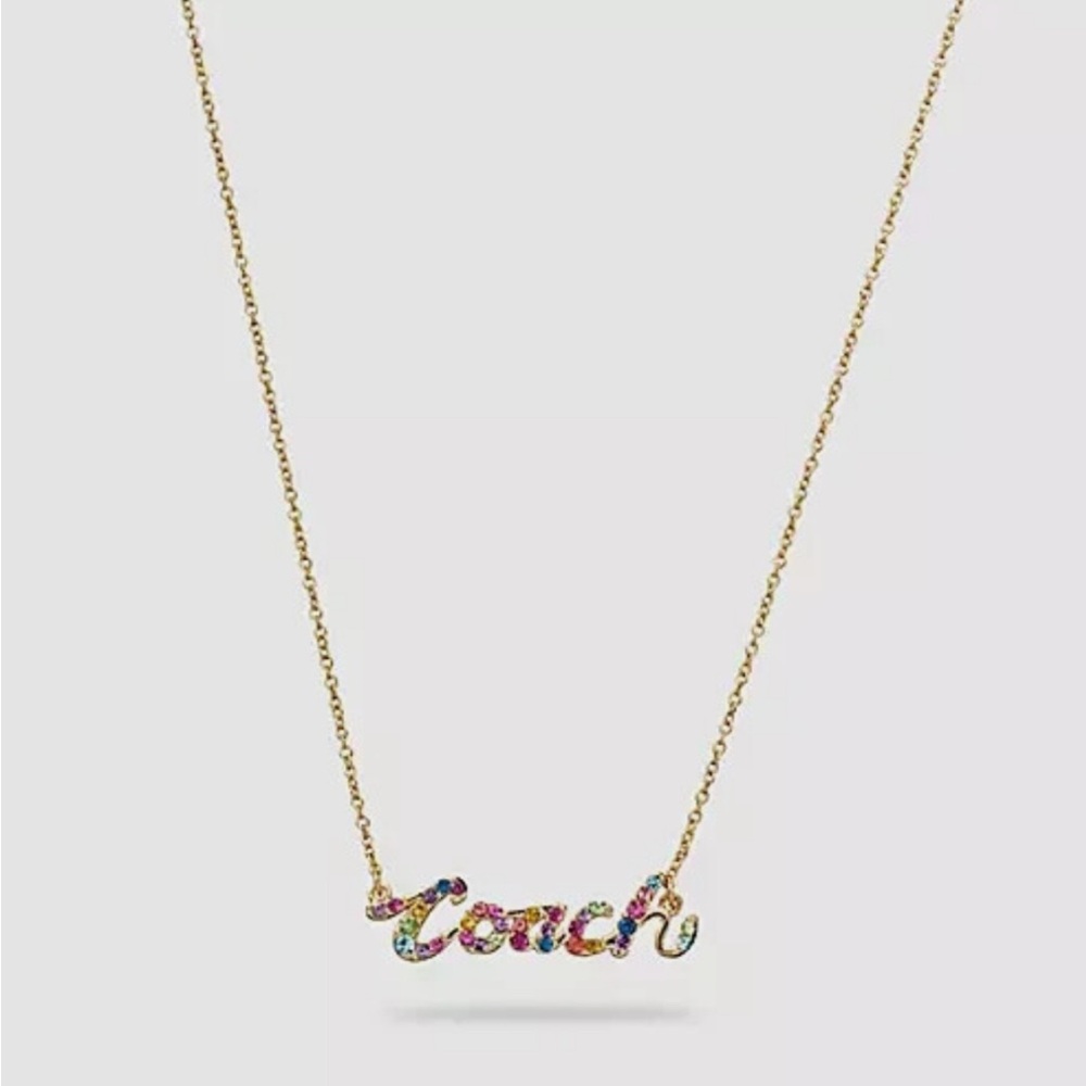 Coach Multicolor Rainbow Signature Script Gold Tone Glass Rhinestone Necklace - Picture 3 of 5